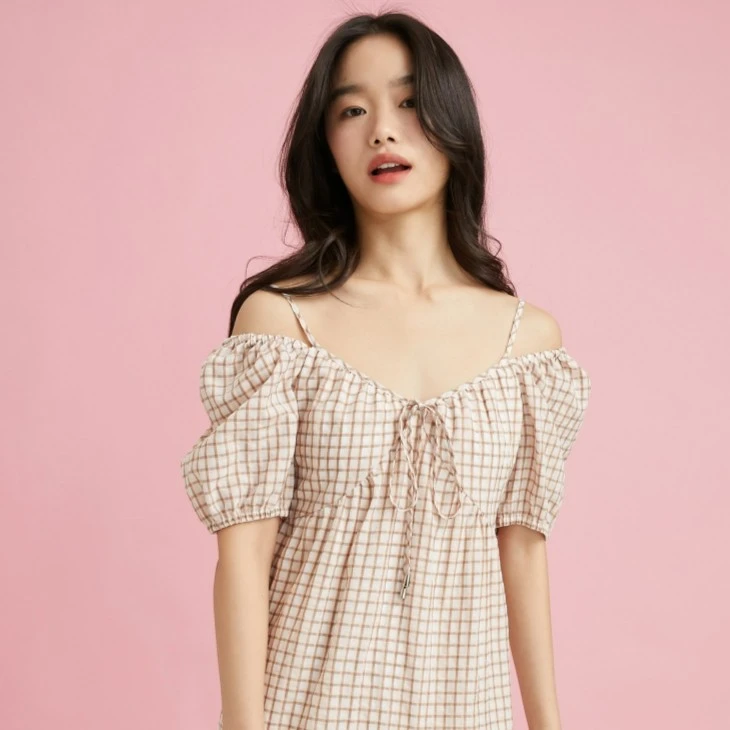 ONLY夏季时尚气质田园风格纹一字肩泡泡袖短袖连衣裙女|122107115