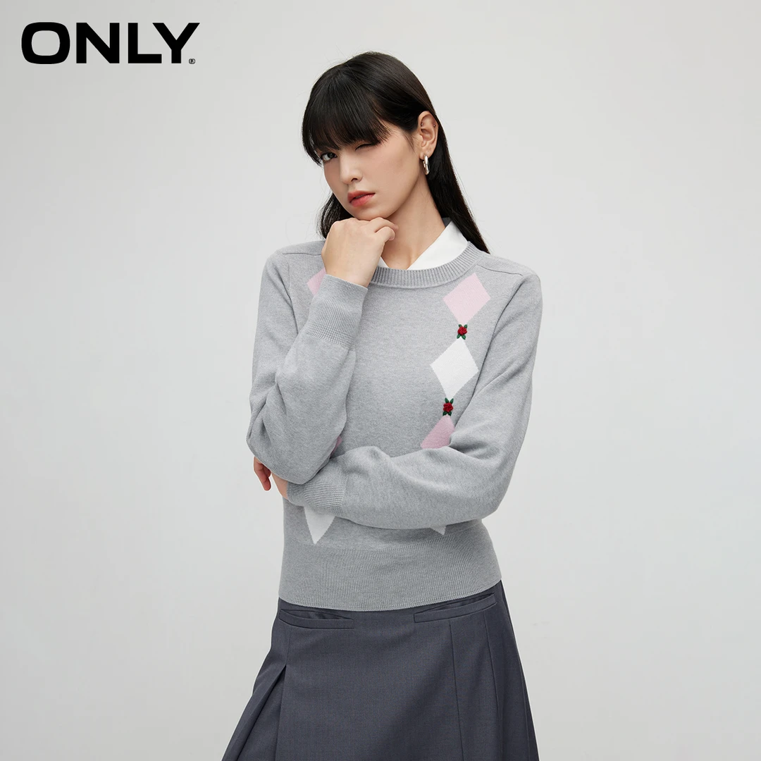 ONLY春秋新款圆领针织宽松圆领印花针织衫女|123413016