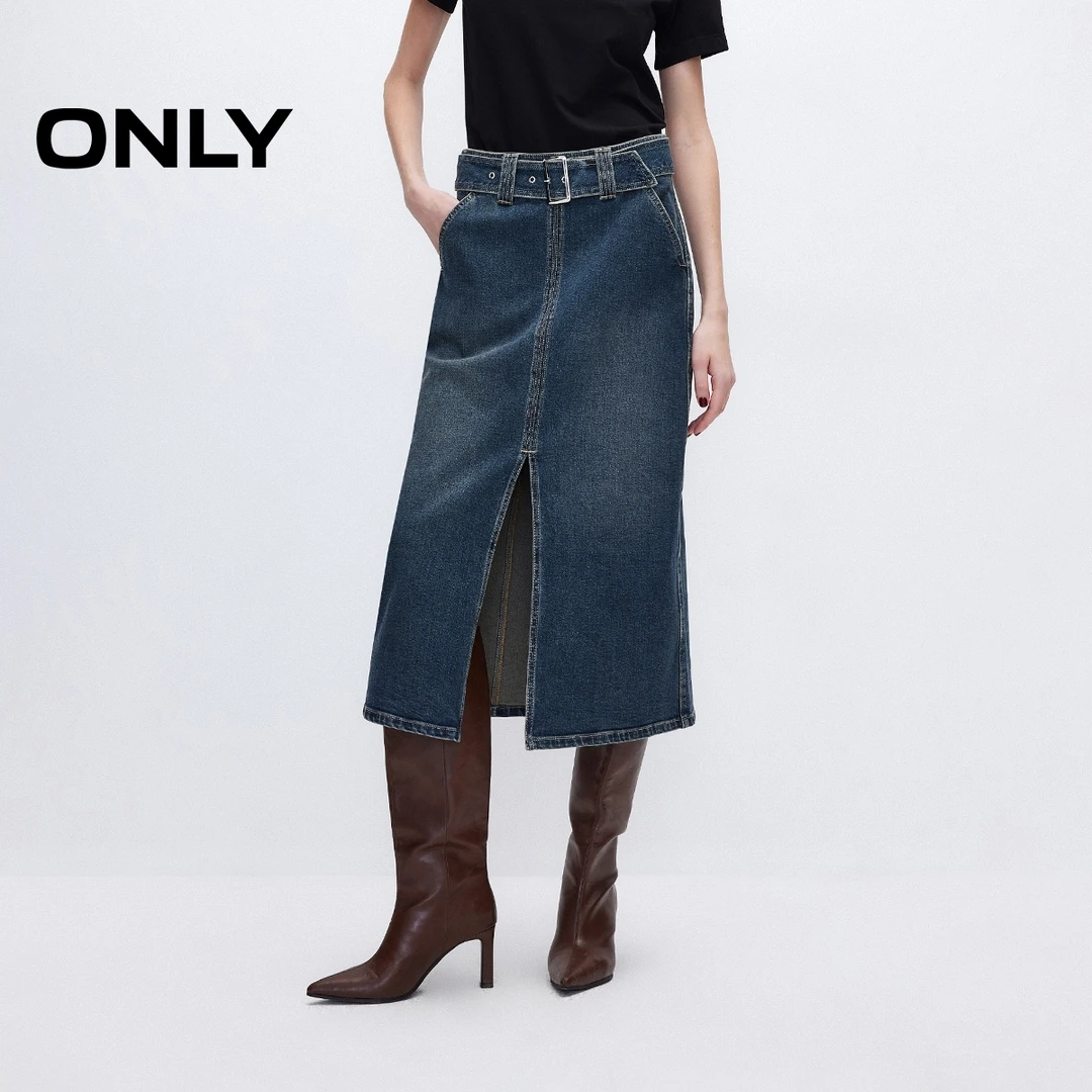 ONLY2025夏季新款复古淑女风高腰中长裙牛仔半身裙女|125137003