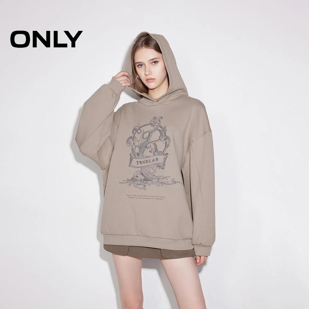 ONLY2024冬季新款时尚复古印花OVERSIZE落肩连帽卫衣女|12519S006