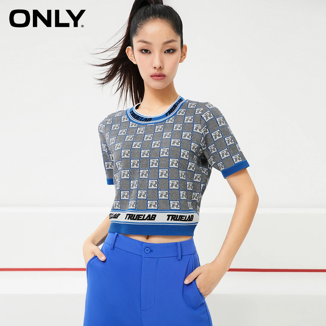 ONLY春秋时尚款薄荷曼波格纹圆领拼接针织衫|122324019