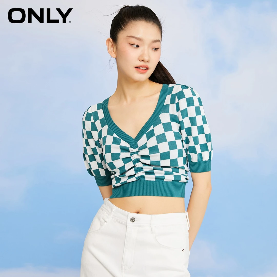 ONLY春夏新款甜美V领薄款格子抽绳短款针织衫女|122124057