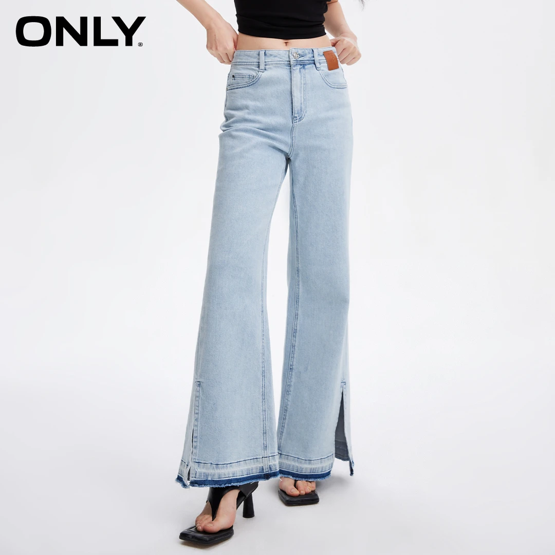 【陈大可专属】ONLY宽松显瘦毛边开叉微喇裤高腰牛仔裤女|124132037