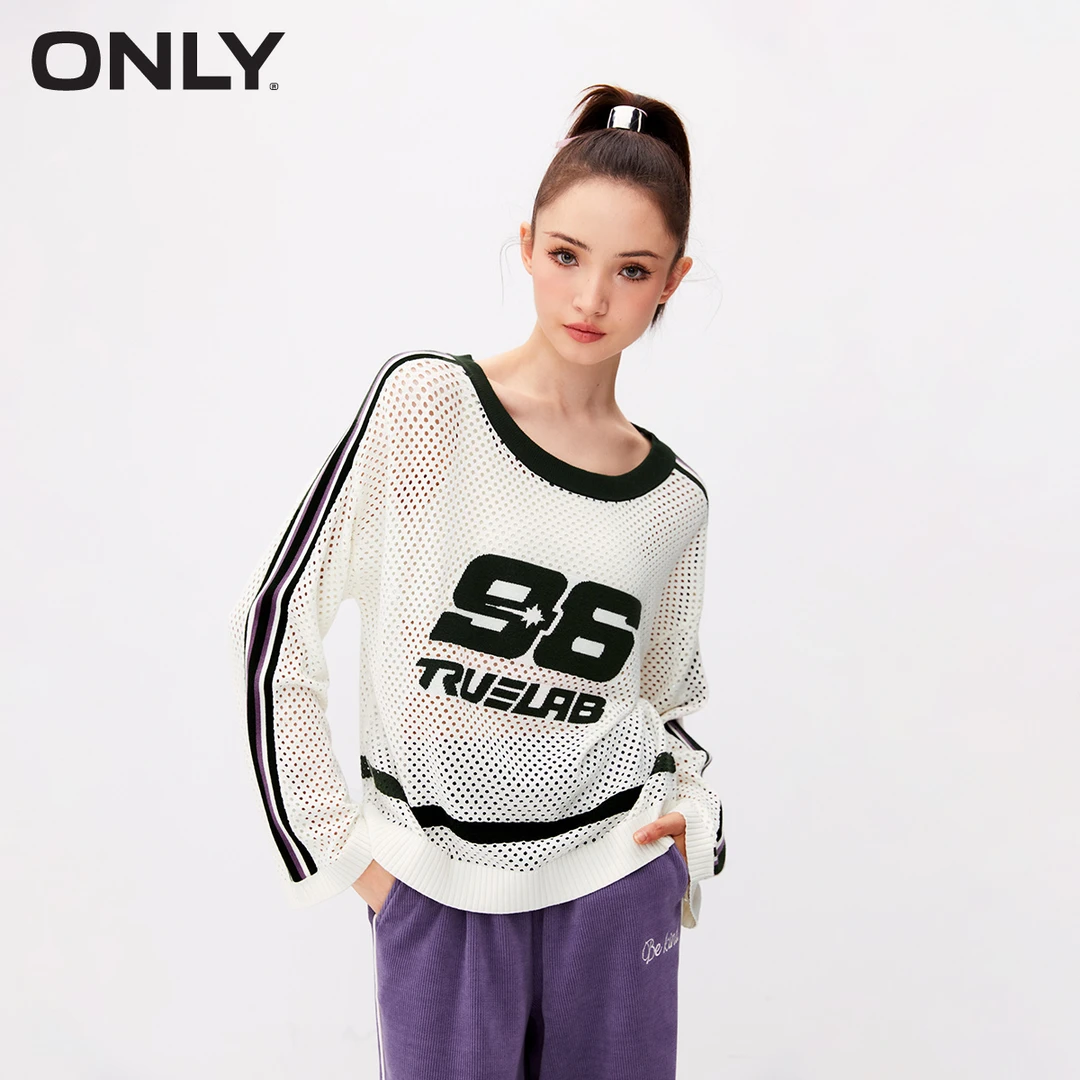 ONLY春秋新款圆领轻薄镂空宽松印花针织衫女|123424018