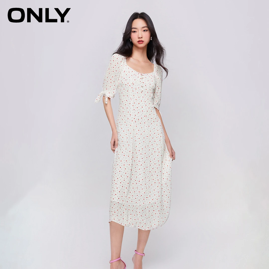 ONLY秋季时尚通勤碎花蝴蝶结U领a字中长款短袖连衣裙女|123207084