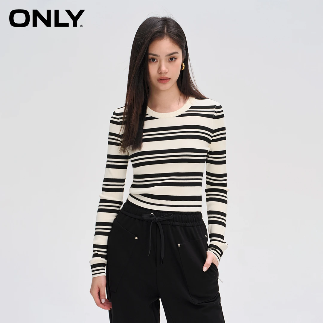 【丽公主专属】ONLY休闲百搭修身条纹打底长袖针织衫女装|123424031