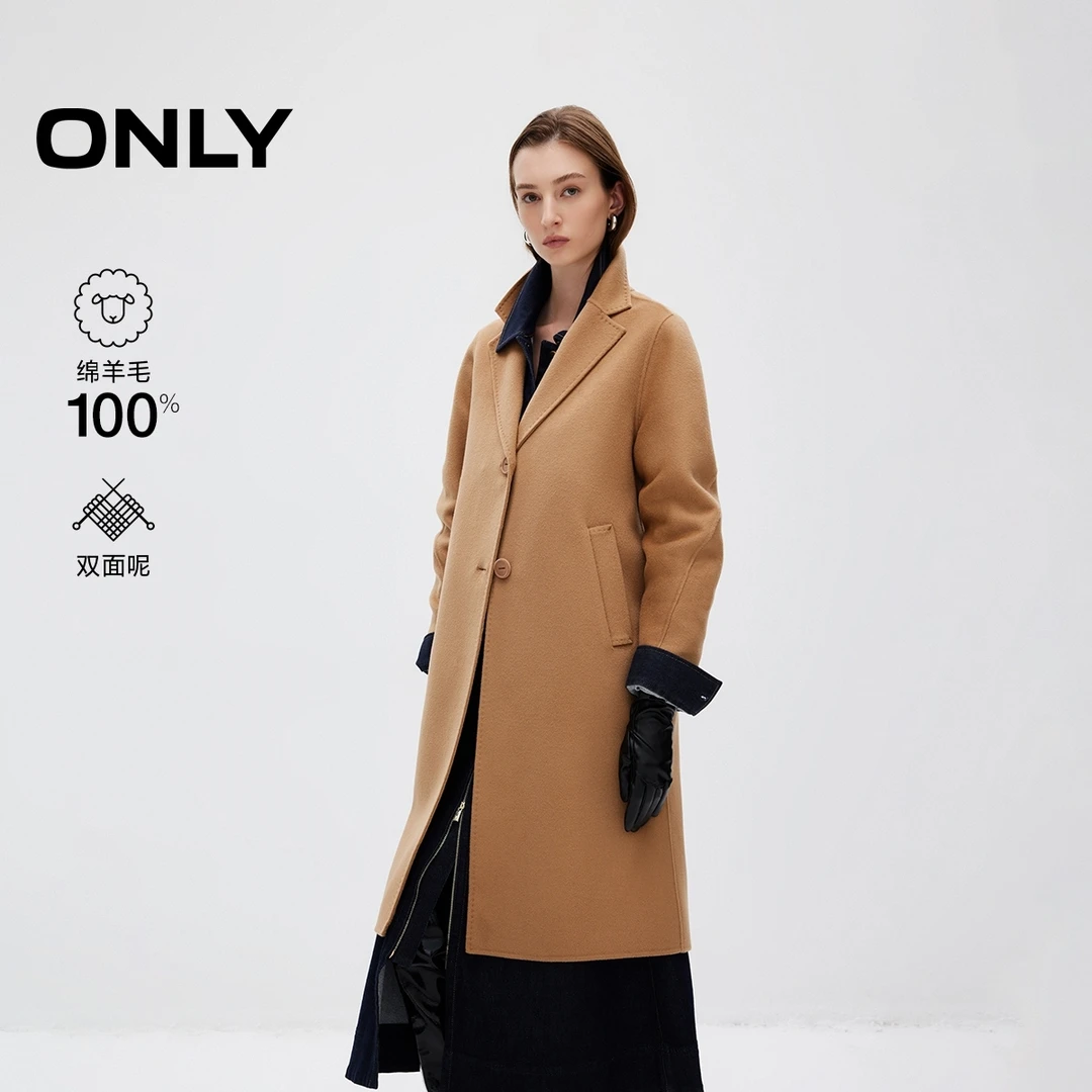 ONLY2025冬季新款100%绵羊毛双面呢中长款毛呢大衣女|12444S002