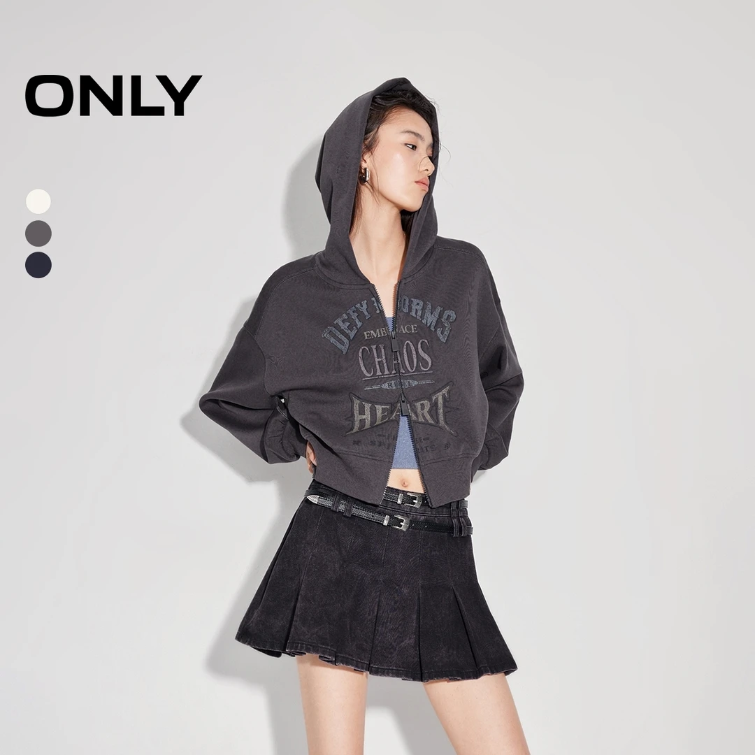 ONLY2025秋季新款休闲百搭宽松印花开衫短款连帽卫衣女|12519S017