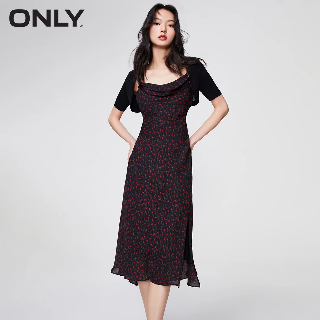 ONLY夏季时尚气质收腰甜美中长款荡领碎花短袖连衣裙女|123207079