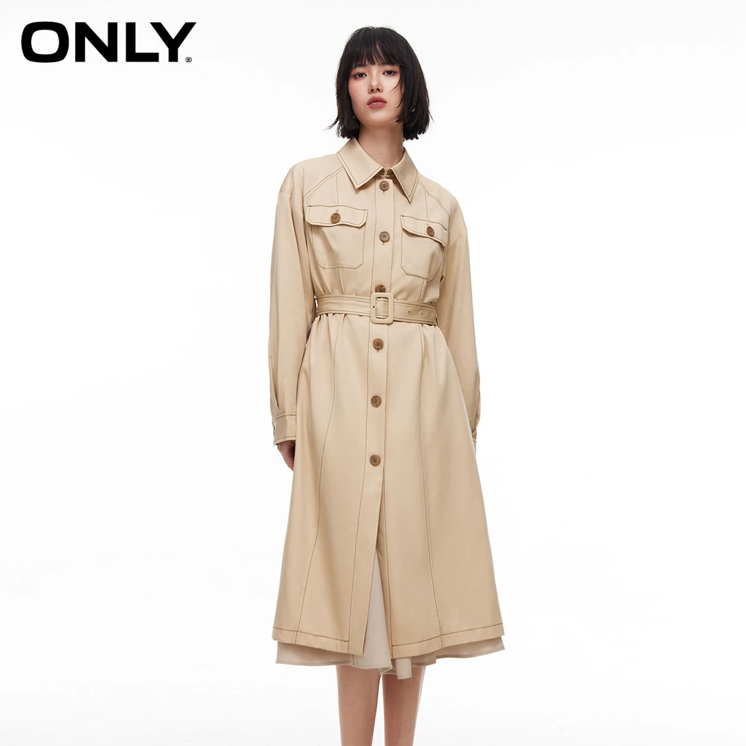 【丽公主专属】ONLY简约宽松翻领开叉长袖中长款外套女|124136054