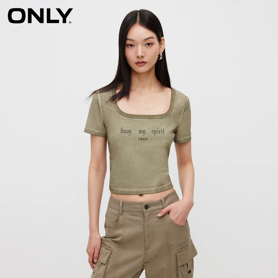 【金拐子专属】ONLY复古轻奢小众字母方领修身短袖T恤女|124101097