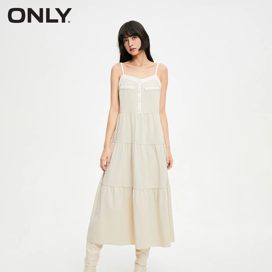 ONLY2023冬季新款时尚V领蛋糕裙吊带中长款连衣裙女|123407018