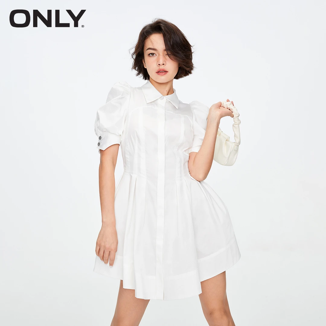 【诗语专属】ONLY气质收腰翻领泡泡袖短款连衣裙女|123207154