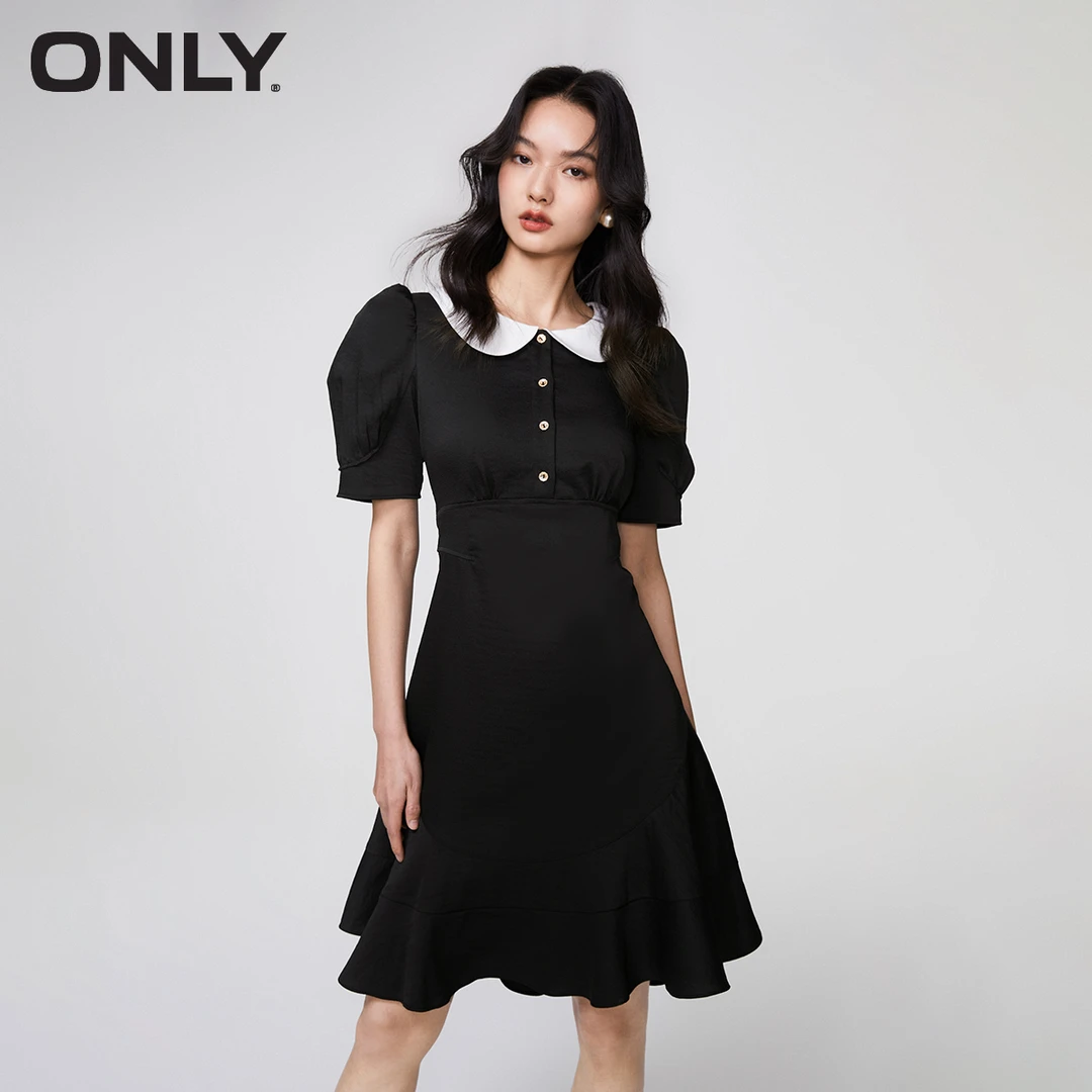 【许半夏推荐】ONLY时尚气质娃娃领短款短袖连衣裙女装|123207083
