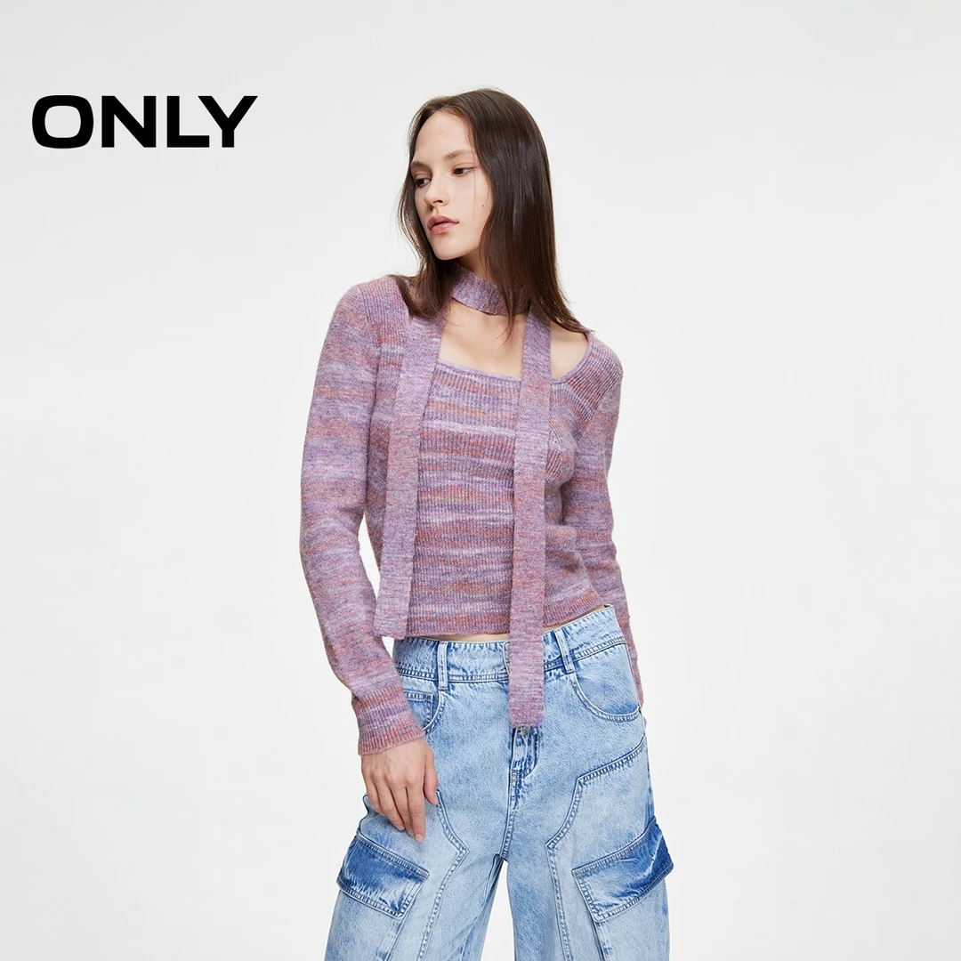 ONLY2025秋季新款甜辣风潮流修身方领条纹针织衫女|124313014