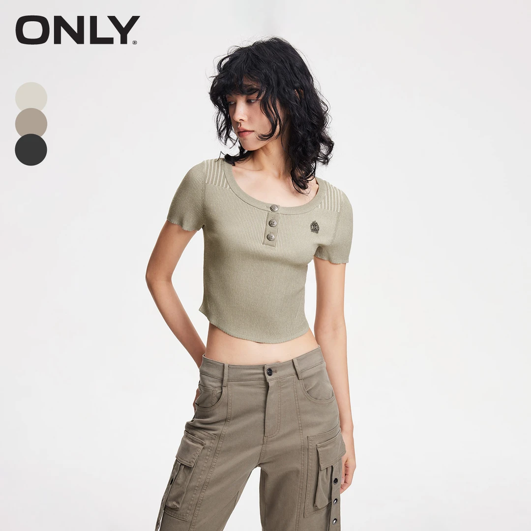 ONLY2025秋季新款时尚百搭简约修身圆领短款短袖针织衫|124124031