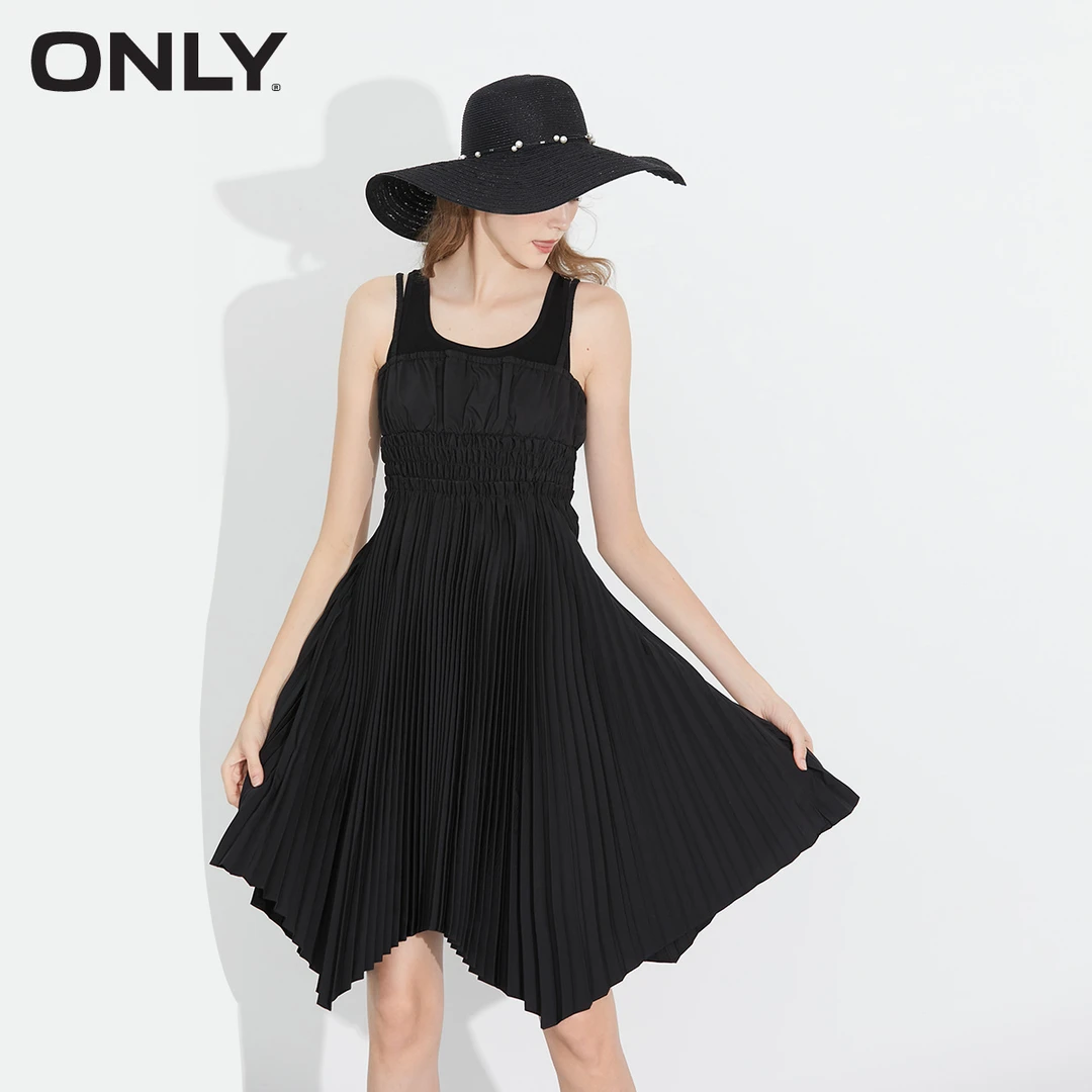 ONLY2022夏季不对称中长款黑色百褶连衣裙女|122207099