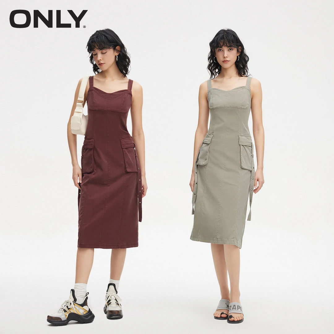 ONLY2024秋季新款休闲百搭拼接剪裁中长款吊带连衣裙女|124107067