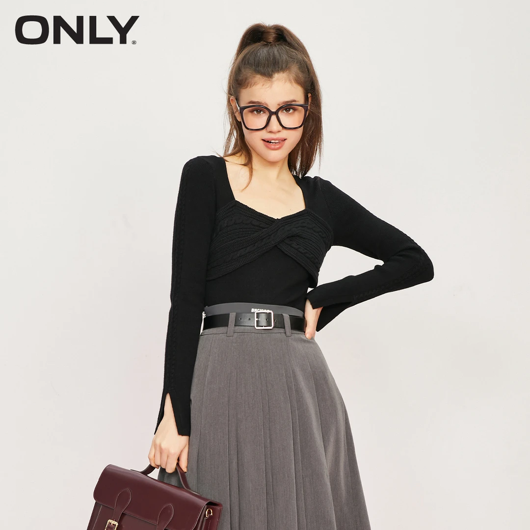 ONLY秋季时尚潮流气质百搭显瘦方领长袖修身针织衫女|123124030