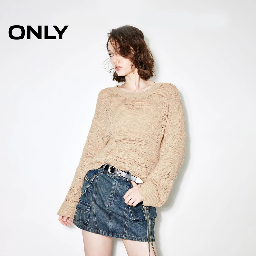 ONLY2025秋季新款设计感破洞宽松圆领罩衫长袖针织衫女|124313038