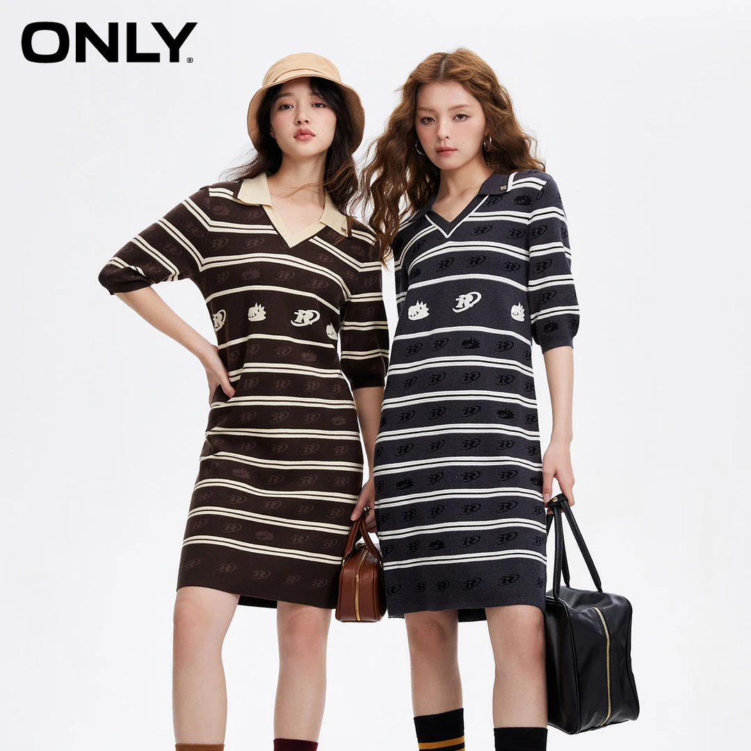 ONLY2025春季新款撞色条纹刺绣短款针织连衣裙女|124146001