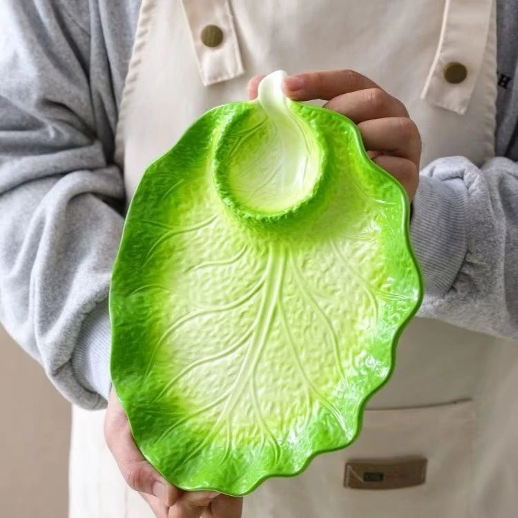 【四季陶仓】釉下彩白菜造型仿真好看手绘-9英寸分餐饺子盘【2个】