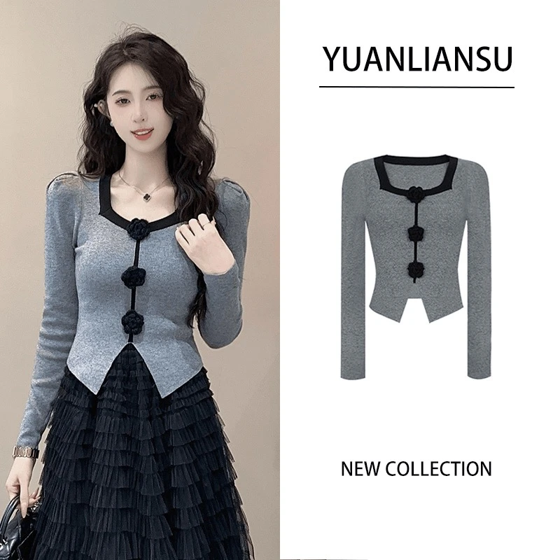 针织衫女款女生爆款新款法式方领立体花朵装饰修身显瘦毛衣女711