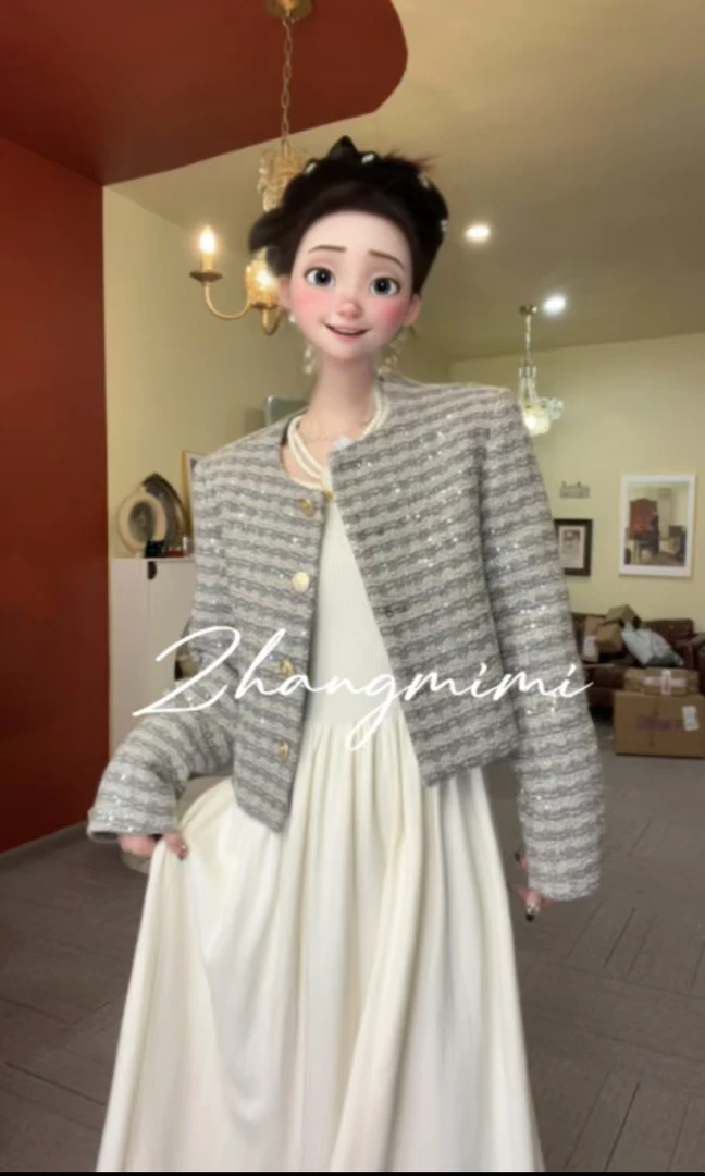 MIMI-【年末捡漏】复古气质小香风亮片圆领单排扣女夹绒短款外套