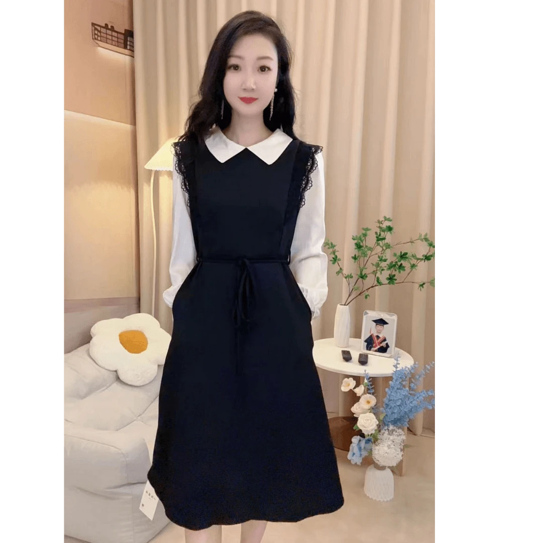 娃娃领黑色连衣裙子女士早秋春季新款中长过膝减龄1008