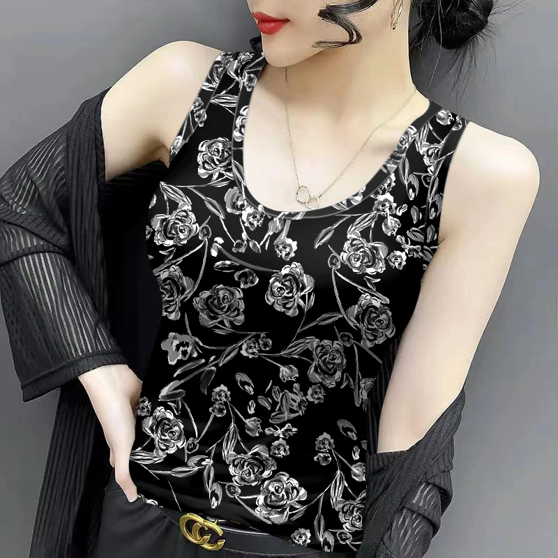 无袖背心女新款U领显瘦高档洋气吊带上衣复古外穿印花女士打底衫