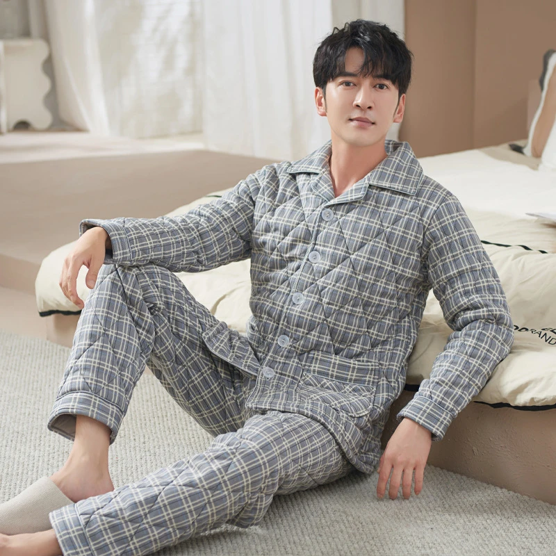 纯棉夹棉睡衣男士冬季加厚三层2024新款大码家居服冬天男款秋冬款