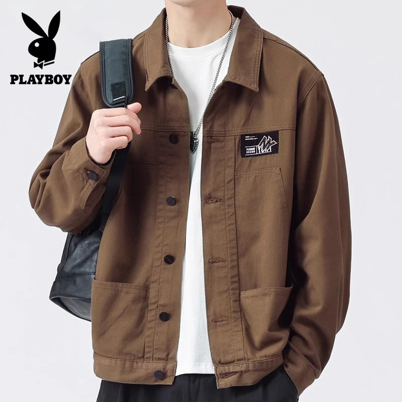 花花公子秋季外套男纯棉工装夹克2025新款宽松百搭上衣男款春秋