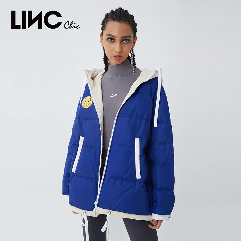 LINCCHIC金羽杰短款双面穿拼色轻薄款连帽羽绒服女秋冬Y21602137