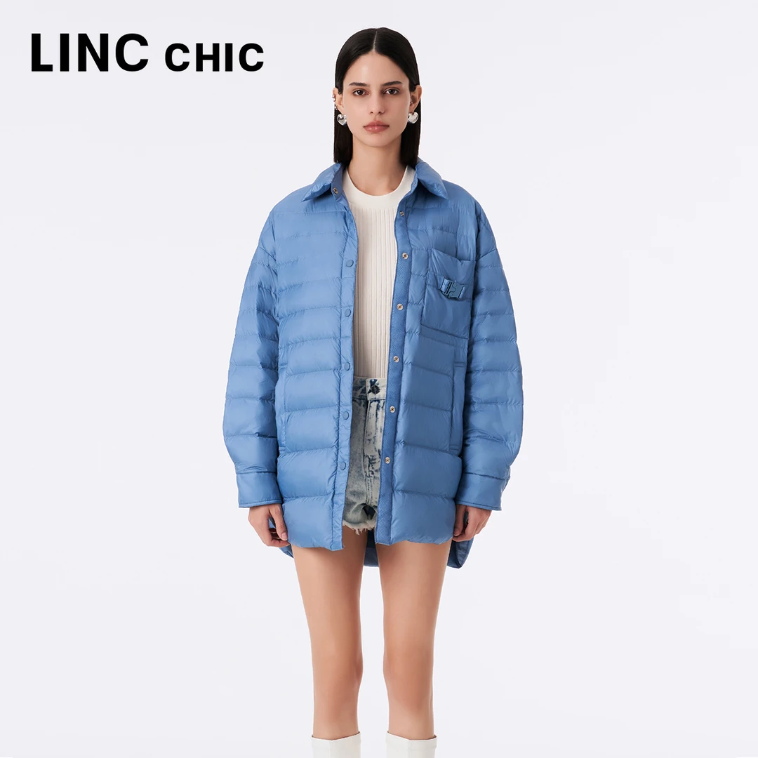 LINCCHIC金羽杰23年秋新款微落肩超轻中长款羽绒服女Y23303027