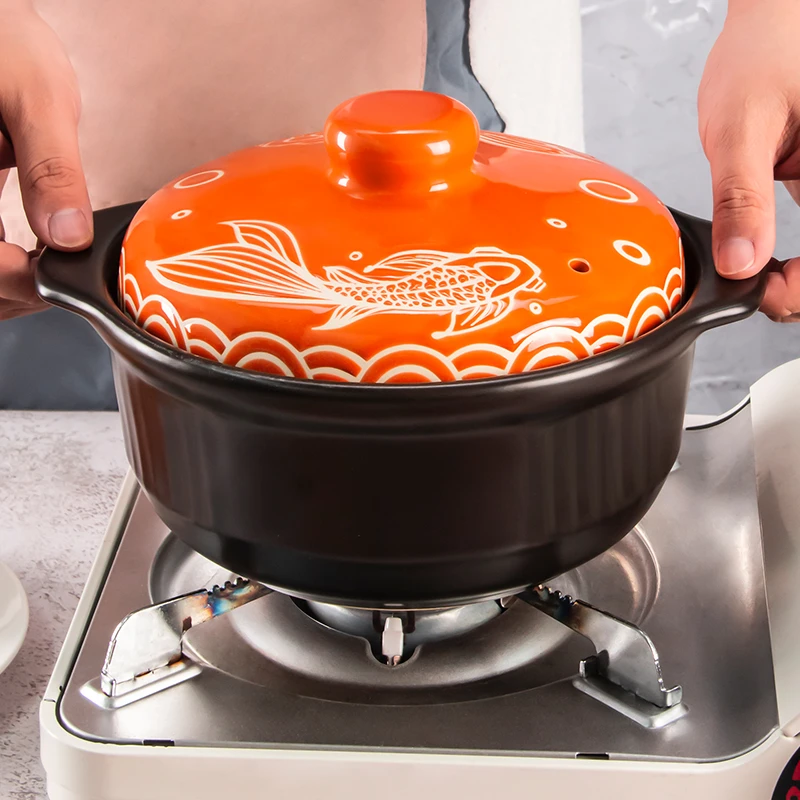 康舒浮雕橙色年年有鱼耐高温陶瓷砂锅煮粥煲汤炖菜明火大容量沙锅