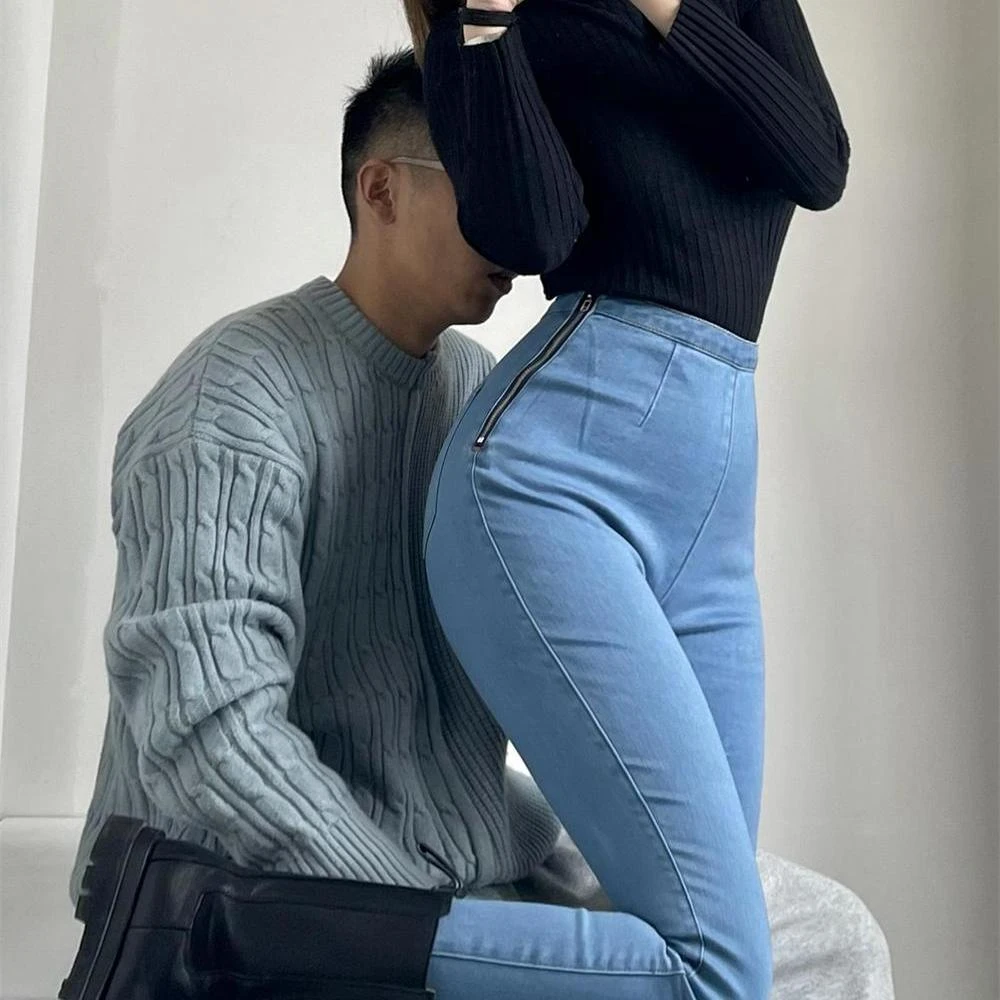 2024新款欧美风高弹力侧拉链牛仔长裤女紧身提臀小脚铅笔裤显腿长