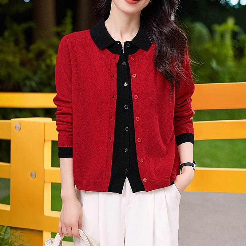 恒源祥集团秋冬新款时尚羊毛针织长袖开衫假两件毛衣彩羊绒外套女