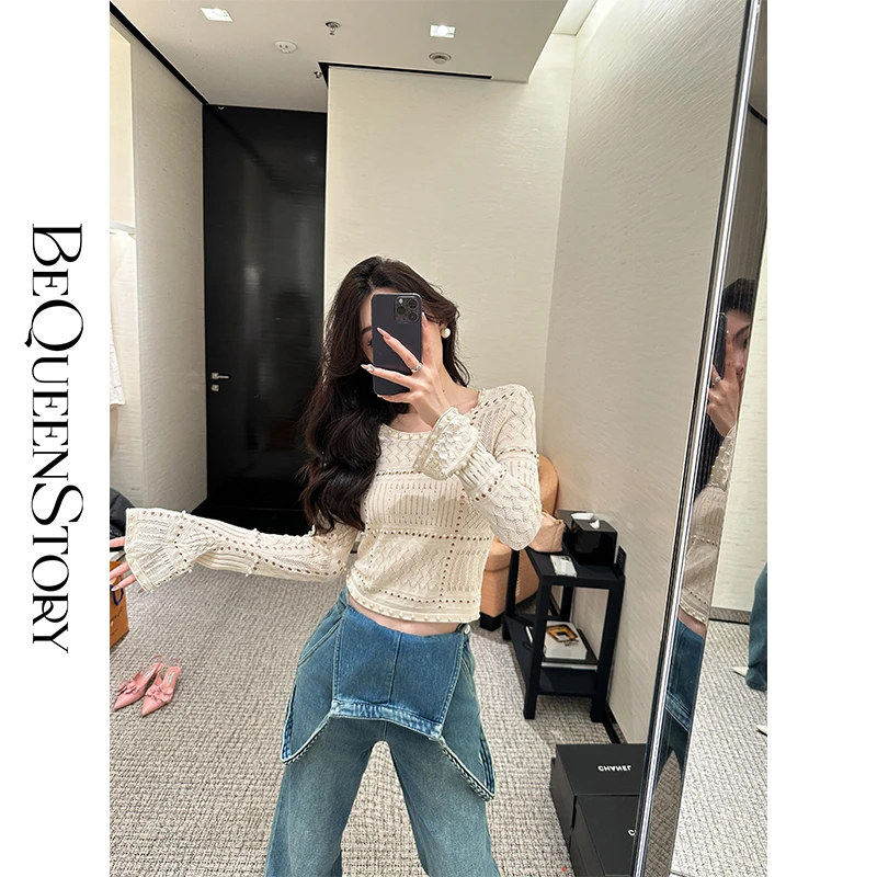 余潇潇【南洋珍珠】时尚优雅百搭镂空抗起球精纺纱线圆领毛衫