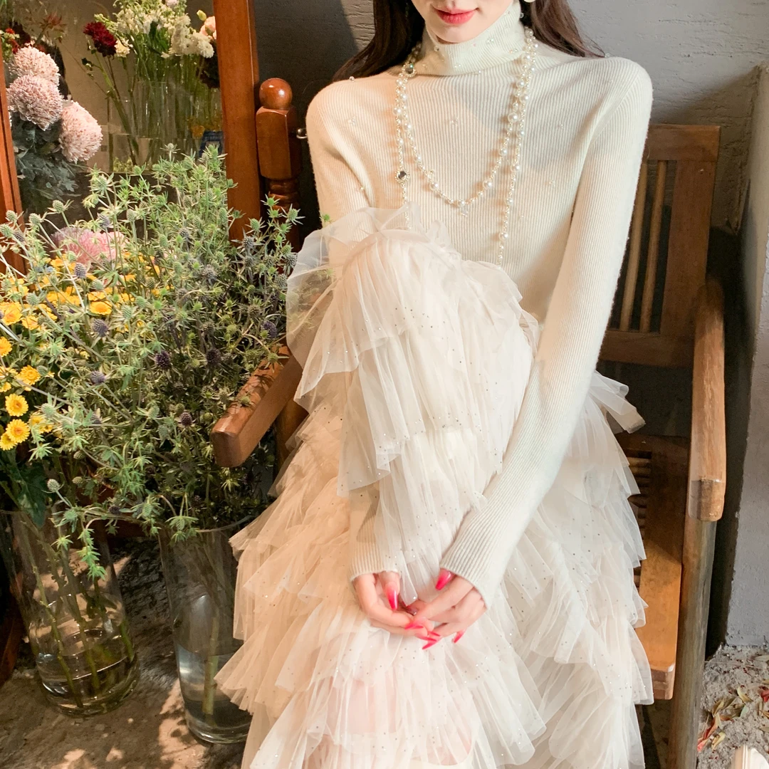 余潇潇【精灵瀑布】手工钉珠烫钻高腰蛋糕裙A字网纱半身裙