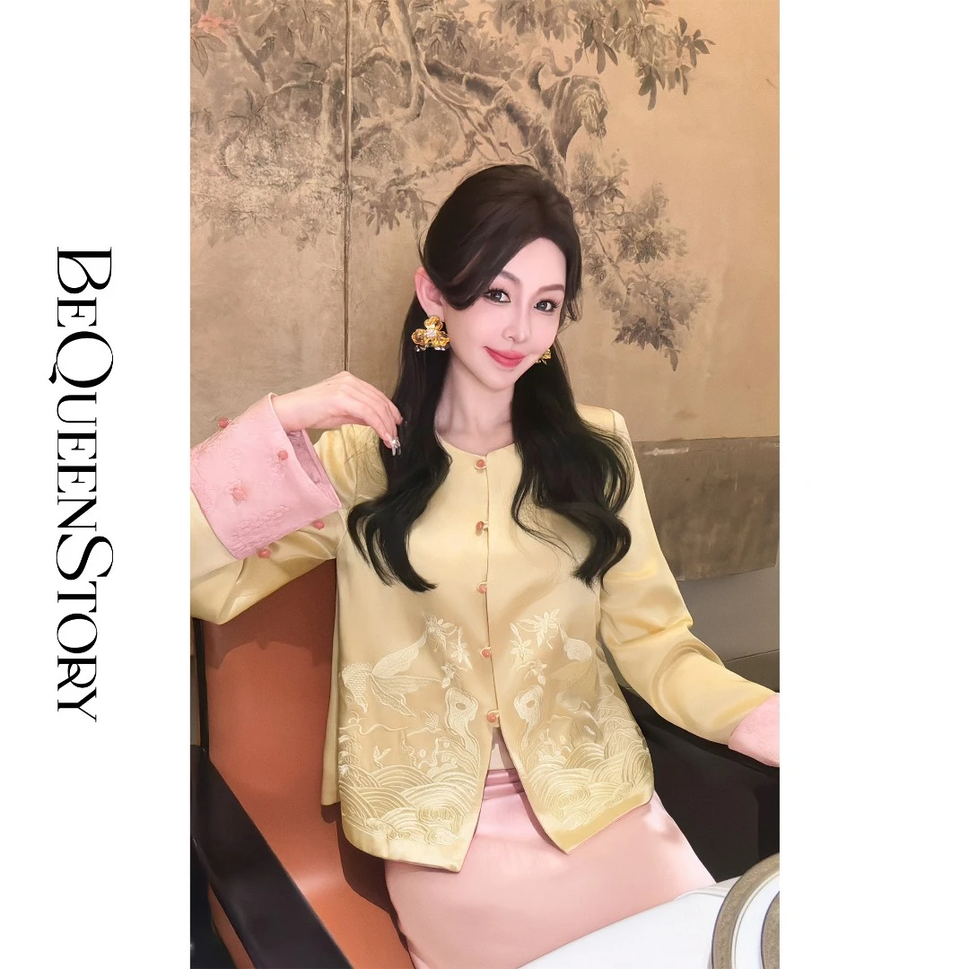 余潇潇【金粉闺秀】新中式国风重工刺绣撞色提花醋酸圆领外套