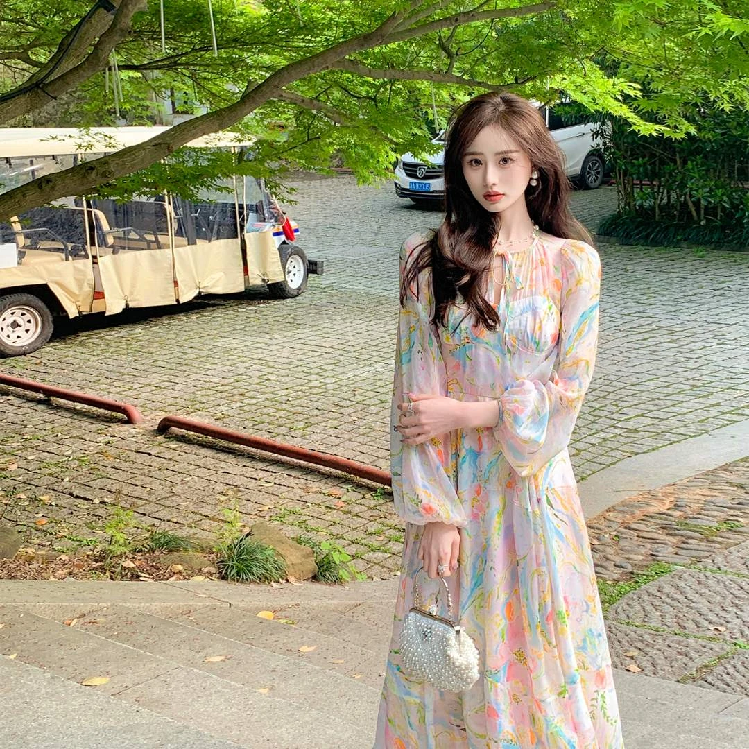 余潇潇【花艺美术馆】轻奢气质100真丝桑蚕丝连衣裙2024夏季新款