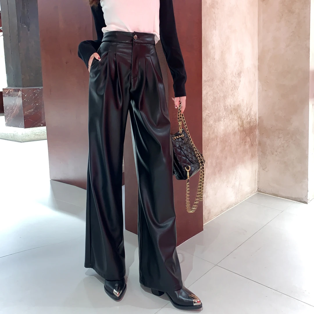 余潇潇【拉风雅痞裤】pu皮高腰显瘦复古高街收腰阔腿休闲裤