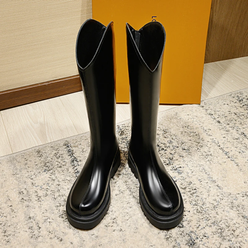 V口厚底胖mm长靴女膝下直筒骑士靴2025高筒粗腿大筒围显瘦长筒靴