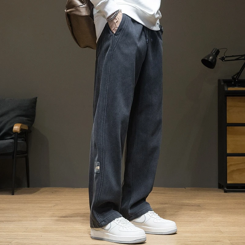 美式潮牌直筒裤子男加绒卫裤阔腿垂感宽松休闲裤秋冬款大码运动裤