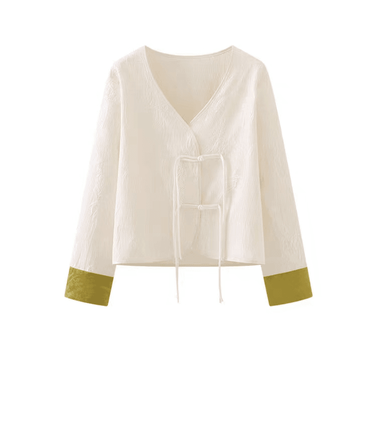 805  复古V领新中式袖口拼接暗纹盘扣气质长袖外套上衣女