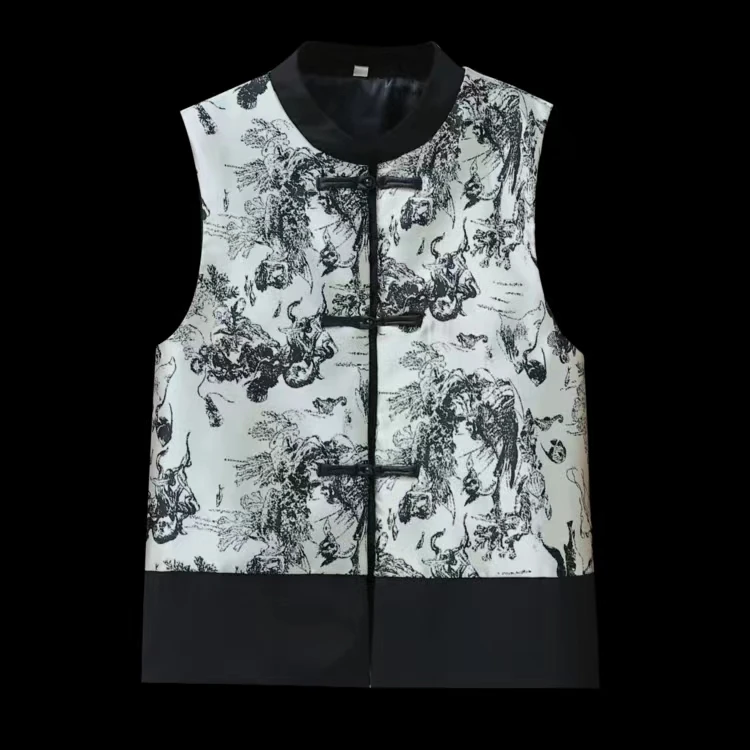 847高级感复古国潮风水墨画立领马甲女新款中式气质拼接无袖上衣