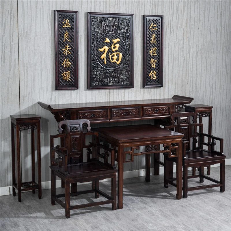 中式实木供桌神台组合实木中堂六件套农村家用仿古八仙桌组合家具