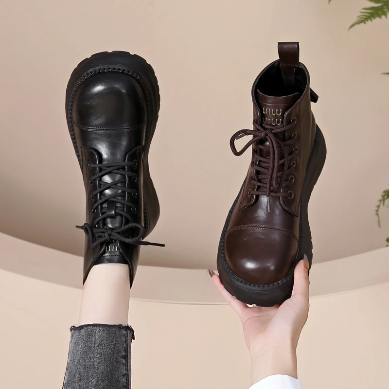 真皮马丁靴女英伦风2024秋冬新款亮皮轻便厚底增高显瘦加绒小短靴