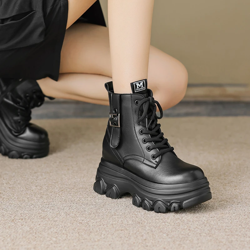 真皮马丁靴女内增高8cm单靴2025秋季新款加绒棉靴小个子厚底短靴