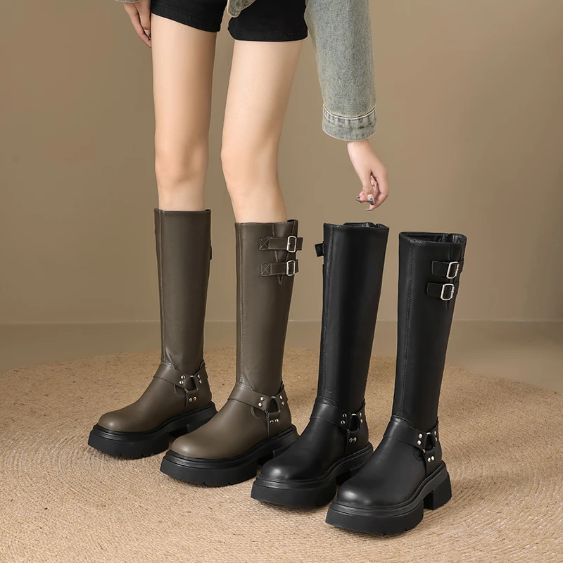 加绒靴子女长筒靴厚底小个子2024秋冬新款复古不过膝骑士靴高筒靴